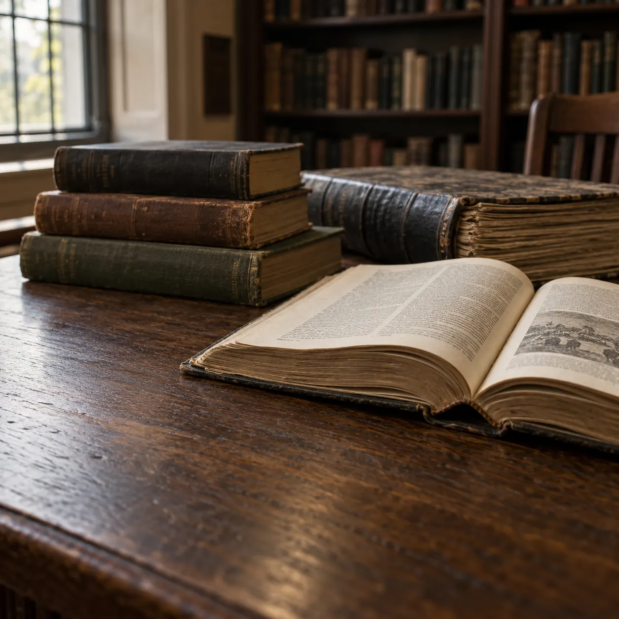 Old books stacked on a wooden desk in a library