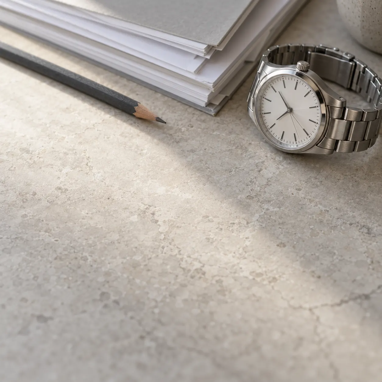 A wristwatch, a pencil and a stack of papers on a stone desk