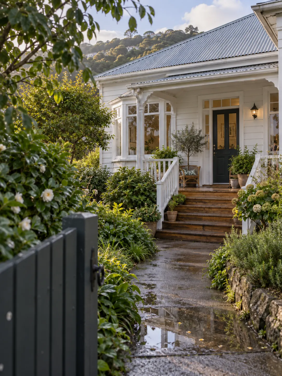 A white weatherboard villa behind a wet garden path