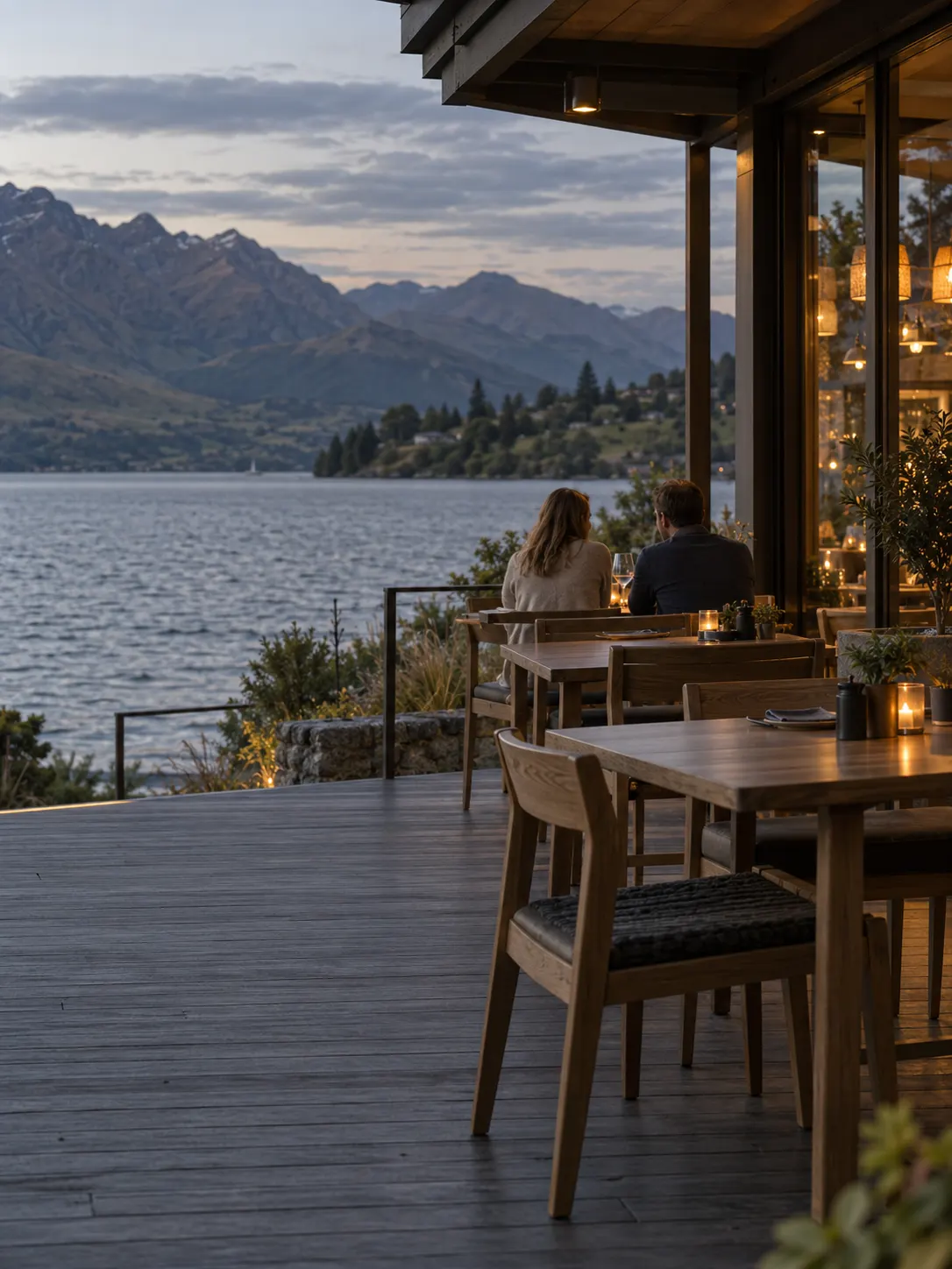 A lakeside restaurant deck at dusk with mountains beyond