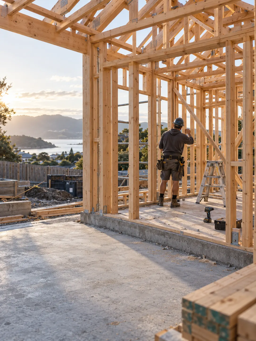 A builder inside the timber frame of a new house at sunset