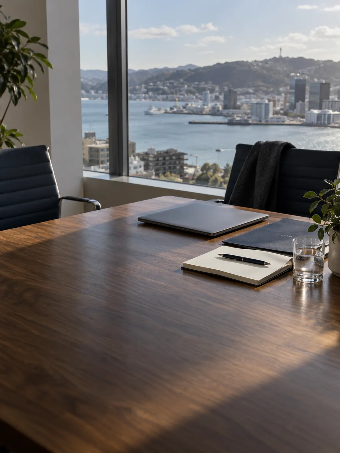 A boardroom table with a harbour city beyond the window