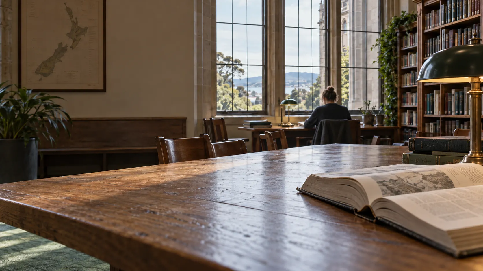 A library reading room with a map of New Zealand on the wall and an open book on the table